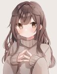  1girl animal_ears bangs blush brown_eyes brown_hair brown_sweater closed_mouth commentary_request hands_up heripiro highres long_hair looking_at_viewer original sidelocks simple_background solo sweater turtleneck turtleneck_sweater upper_body white_background 