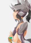  absurdres black_hair breasts disdain from_side glowing glowing_eyes highres horns kitan_(msgblr) kohinata_miku medium_breasts multiple_horns pink_eyes senki_zesshou_symphogear senki_zesshou_symphogear_xv shem-ha short_ponytail upper_body white_background x-drive_(symphogear) 