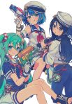  3girls :q anchor_hair_ornament aqua_eyes aqua_hair binoculars blue_dress blue_eyes blue_hair blue_pants blue_sailor_collar blue_shoes blush detached_sleeves dress funade_no_mae_no_one_day_trip_(project_sekai) gloves hair_ornament hat hatsune_miku highres holding holding_binoculars holding_water_gun hoshino_ichika_(project_sekai) innertube_hair_ornament kiritani_haruka long_hair long_sleeves looking_at_viewer more_more_jump!_miku multiple_girls official_alternate_costume open-toe_shoes open_mouth pants project_sekai puffy_short_sleeves puffy_sleeves sailor_collar sailor_dress sailor_hat sailor_shirt shirt shoes short_shorts short_sleeves shorts smile tongue tongue_out twintails uminokaisen vocaloid water_gun white_sailor_collar white_shirt 