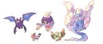  altaria animal_focus artist_name bat_(animal) bird commentary crobat drifblim english_commentary fletchling fluffy illufinch mega_altaria no_humans owl pixel_art pokemon pokemon_(creature) pokemon_focus rowlet simple_background white_background 