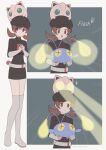  1girl absurdres antennae belt black_dress blue_eyes boots brown_eyes brown_hair chinchou colored_sclera commentary cross-shaped_pupils dress elbow_gloves flashlight gloves glowing glowing_eyes hat highres holding holding_pokemon jigglypuff long_hair long_sleeves lyra_(pokemon) on_head open_mouth poke_ball poke_ball_(basic) pokemon pokemon_(creature) pokemon_heartgold_and_soulsilver pokemon_on_head rone_(5uno0nova4) shirt single_letter smile sweatdrop symbol-shaped_pupils team_rocket team_rocket_uniform thigh_boots twintails white_belt white_boots white_gloves yellow_eyes yellow_sclera 