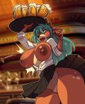  absurd_res alcohol anthro areola beer beverage big_breasts blue_hair blush breasts button_pop cervid clothing danae_(character) embarrassed female genitals hair hi_res holding_tray long_hair mammal merlinmakes mugs pub pussy solo upskirt waitress_uniform wardrobe_malfunction 