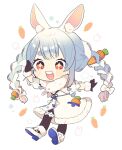  1girl animal_ear_fluff animal_ears braid carrot carrot_hair_ornament don-chan_(usada_pekora) dress food-themed_hair_ornament fur-trimmed_dress fur-trimmed_gloves fur_scarf fur_trim gloves hair_ornament highres hololive homa_corn multicolored_hair rabbit_ears rabbit_girl star_(symbol) twin_braids two-tone_hair usada_pekora virtual_youtuber 