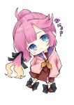  1girl :3 ahoge anyoji_hime black_ribbon blonde_hair blue_eyes blush blush_stickers bow bow_legwear brown_dress brown_shoes chibi chibi_only closed_mouth commentary dress gradient_hair hair_ribbon hasu_no_sora_school_uniform highres hood hood_down hooded_jacket jacket large_bow link!_like!_love_live! long_sleeves looking_at_viewer love_live! medium_dress mendo_(mend0o0) multi-tied_hair multicolored_hair neckerchief open_clothes open_jacket pink_hair pink_jacket pleated_dress ponytail ribbon sailor_collar sailor_dress school_uniform shoes sidelocks simple_background smile socks solo virtual_youtuber white_background white_sailor_collar white_socks winter_uniform yellow_neckerchief 