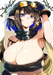  1girl arknights armpits bandeau bangs bare_shoulders black_gloves black_hair blue_eyes blue_hair breasts cleavage eunectes_(arknights) gin_moku gloves goggles goggles_on_head highres huge_breasts looking_at_viewer multicolored_hair pointy_ears short_hair solo sweat 