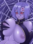  1girl anikiki arthropod_girl blush breast_grab breasts breasts_out commission dark extra_eyes grabbing hair_between_eyes hand_on_own_chest highres large_breasts looking_at_viewer monster_musume_no_iru_nichijou nipples rachnera_arachnera red_eyes shiny shiny_skin short_hair silk simple_background solo spider_girl spider_web upper_body white_hair 