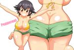  1girl ass backboob bikini bikini_shorts black_hair blush breasts brown_eyes butt_crack character_name cleavage girls_und_panzer gogopaint green_shorts grin highres large_breasts looking_at_viewer multiple_views navel pepperoni_(girls_und_panzer) shiny shiny_skin shorts simple_background smile solo swimsuit white_background yellow_bikini 