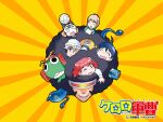 afro alien ball black_eyes black_hair brown_hair character_request copyright_name frog glasses grey_eyes grey_hair hat headphones hinata_fuyuki hinata_natsumi houjou_mutsumi keroro keroro_gunsou kururu_(keroro_gunsou) long_hair official_art official_wallpaper one_eye_closed orange_background pink_hair red_eyes shirt short_hair simple_background soccer_ball sunglasses tadpole tamama twintails yoshizaki_mine 