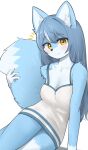  2022 anthro black_nose blue_body blue_fur blue_hair blush breasts camisole canid canine cleavage clothed clothing countershading digital_media_(artwork) dipstick_tail emanata female female_anthro fox fur gloves_(marking) hair happy hi_res holding_tail inner_ear_fluff kemono korfiorano leg_markings long_hair looking_at_viewer mammal markings multicolored_body multicolored_fur multicolored_tail smile smiling_at_viewer socks_(marking) solo tail_markings tuft two_tone_body two_tone_fur two_tone_tail white_body white_fur yellow_eyes 