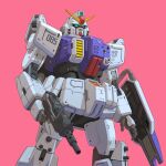  arm_shield bmwsb0 commentary earth_federation feet_out_of_frame green_eyes ground_gundam gun gundam gundam_08th_ms_team highres holding holding_gun holding_weapon mecha mecha_focus mobile_suit no_humans pink_background robot science_fiction simple_background solo standing v-fin weapon 