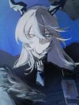  1girl 2bnerikeshi2 absurdres black_cloak black_horns blue_eyes blue_flag cloak closed_mouth commentary flag fur-trimmed_cloak fur_trim grey_hair hair_between_eyes heterochromia highres horns looking_at_viewer solo sunbringer_(zenless_zone_zero) yellow_eyes zenless_zone_zero 