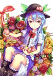  1girl black_hat blue_hair boots bow bowtie brown_boots center_frills cherry closed_mouth collared_shirt commentary_request daffodil dahlia daisy_(flower) flower food food_request frilled_skirt frills fruit fruit_hat_ornament fruit_request hat hat_ornament highres hinanawi_tenshi holding holding_food holding_fruit leaf_hat_ornament long_hair looking_at_viewer peach peach_hat_ornament pineapple pink_flower puffy_short_sleeves puffy_sleeves red_bow red_bowtie red_eyes red_flower shirt short_sleeves simple_background skirt smile solo touhou ttk_(kirinottk) very_long_hair white_background white_shirt yellow_flower 