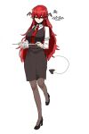  1girl bobby36446329 demon_tail high_heels highres koakuma long_hair long_sleeves looking_at_viewer necktie pantyhose pencil_skirt red_eyes red_hair shirt skirt solo standing standing_on_one_leg tail touhou vest 