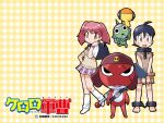  alien bag beard belt black_eyes black_hair bow bowtie cardigan copyright_name facial_hair frog giroro hat headphones helmet hinata_fuyuki hinata_natsumi keroro keroro_gunsou kururu_(keroro_gunsou) long_hair official_art official_wallpaper orange_background pink_hair red_eyes school_bag school_uniform shirt short_hair simple_background skirt socks twintails yoshizaki_mine 