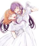  2girls :d ^_^ alt_text alternate_costume breasts cerise_bouquet closed_eyes collarbone commentary_request cowboy_shot dancing dress gloves highres hinoshita_kaho holding_hands interlocked_fingers link!_like!_love_live! love_live! medium_breasts medium_hair multiple_girls open_mouth orange_hair otomune_kozue puffy_short_sleeves puffy_sleeves purple_hair second-party_source short_sleeves sidelocks simple_background smile teeth upper_teeth_only virtual_youtuber white_background white_dress white_gloves white_tiara yuri zuisetsu 