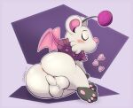 2021 3_toes antennae_(anatomy) anthro anus balls blush buieb butt eyes_closed facial_tuft feet final_fantasy fur genitals glistening glistening_body grey_body heart_symbol leg_markings male mammal mane markings moogle outline pawpads perineum pink_anus pink_inner_ear pink_nose pink_pawpads pink_wings presenting presenting_hindquarters purple_body purple_fur signature simple_background socks_(marking) solo square_enix toes tuft white_balls white_body white_fur white_outline wings