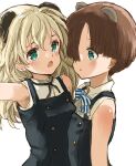  2girls animal_ears bird_ears bird_tail blonde_hair blue_eyes bow brown_hair hair_over_one_eye highres joanna_elizabeth_stafford long_hair looking_at_another looking_at_viewer luminous_witches multiple_girls murayama_kei open_mouth short_hair simple_background squirrel_ears squirrel_girl tail upper_body virginia_robertson white_background world_witches_series 