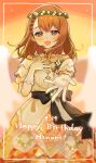  1girl black_bow black_choker black_sash blush bow braid braided_bangs brown_hair character_name choker club_crown_reverie_dress_(project_sekai) commentary_request dated detached_sleeves dress gloves grey_eyes hanasato_minori happy_birthday head_wreath highres long_hair looking_at_viewer open_mouth orange_theme project_sekai reaching reaching_towards_viewer sash short_sleeves smile solo uminokaisen white_dress white_gloves 
