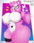  2021 5_fingers anthro big_breasts black_nose breasts clothing crotch_tuft cuddle_team_leader epic_games female fingerless_gloves fingers fortnite fur genitals gesture gloves handwear hi_res looking_at_viewer mammal pink_body pink_fur pussy solo tongue tuft ursid v_sign video_games volkokot white_body white_fur 