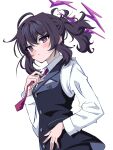  1girl absurdres adjusting_clothes adjusting_necktie amanotti_01 black_pants black_vest blue_archive commentary_request hair_between_eyes halo haruka_(blue_archive) haruka_(suit)_(blue_archive) highres long_hair necktie pants purple_eyes purple_hair purple_halo purple_necktie shirt simple_background solo vest white_background white_shirt 