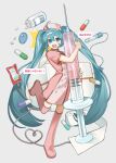  1girl amd_aoneko aqua_eyes aqua_hair aqua_nails blood blood_bag blush_stickers boots box catheter commentary dress full_body hat hatsune_miku highres jar knee_boots koiiro_byoutou_(vocaloid) long_hair looking_at_viewer nail_polish nurse nurse_cap open_mouth pill pink_boots pink_dress pink_hat solo standing standing_on_one_leg syringe teeth translation_request twintails upper_teeth_only very_long_hair vocaloid 
