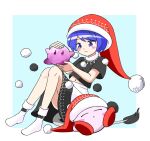  1girl :3 blob blue_eyes blue_hair blush_stickers doremy_sweet dream_soul dress fur-trimmed_headwear hat highres multicolored_clothes multicolored_dress nightcap pom_pom_(clothes) red_headwear short_hair socks tail tapir_tail touhou zenji029 