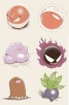  absurdres black_eyes closed_mouth commentary_request daresabu diglett ditto electrode_(pokemon) fangs gastly highres looking_up no_humans oddish open_mouth pokemon pokemon_(creature) red_eyes sitting smile voltorb 
