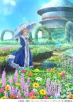  1girl absurdres artist_request blonde_hair blue_eyes braid braided_bun brooch commentary_request garden gem green_gem hair_bun hair_ribbon highres holding holding_umbrella jewelry official_art parasol prosthesis prosthetic_arm red_ribbon ribbon single_hair_bun sky umbrella violet_evergarden violet_evergarden_(series) 
