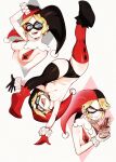  1girl adapted_costume asymmetrical_footwear asymmetrical_gloves asymmetrical_legwear black_gloves black_thighhighs blonde_hair blue_eyes breast_curtains breasts commentary cropped_torso dc_comics diamond_(shape) english_commentary gloves harley_quinn highres large_breasts looking_at_viewer mismatched_footwear mismatched_gloves mismatched_legwear multiple_views open_mouth pom_pom_(clothes) red_gloves red_thighhighs simple_background smile sunset_nivaris thighhighs tongue tongue_out upper_body white_background wrist_ruff 