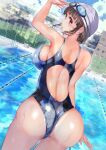  1girl absurdres arm_at_side arm_up ass back bangs black_hair blue_sky blunt_bangs blush breasts building chain-link_fence city cloud commentary_request competition_swimsuit day embarrassed fence goggles goggles_on_head highleg highres large_breasts mole mole_under_eye ogata_tei one-piece_swimsuit original outdoors parted_lips pool pool_ladder reflection short_hair shoulder_blades sideboob sidelocks sky solo standing swim_cap swimsuit thighs wet window 