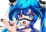  1girl @_@ absurdres animal_ears bangs black_nails blue_eyes blue_hair crossed_bangs hands_up heterochromia highres horse_ears horse_girl long_hair looking_at_viewer muzzle open_mouth portrait puckered_lips purple_eyes shadow_puppet sharp_teeth simple_background solo teeth toa510 twin_turbo_(umamusume) twintails umamusume white_background 
