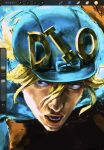  1boy blonde_hair blue_bow blue_eyes blue_helmet blue_sweater bow commentary diego_brando english_commentary hair_between_eyes hat hat_bow helmet highres jojo_no_kimyou_na_bouken looking_to_the_side male_focus mo_(mo102561835098) open_mouth orange_lips portrait solo steel_ball_run sweater teeth unfinished 
