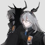  1boy 1girl black_cloak black_horns blue_eyes cloak closed_mouth commentary fur-trimmed_cloak fur_trim grey_background grey_hair hair_between_eyes heterochromia highres horns joyous_(zenless_zone_zero) khuesamoni long_hair scar scar_across_eyebrow scar_on_face simple_background sunbringer_(zenless_zone_zero) untranslatable_commentary yellow_eyes zenless_zone_zero 