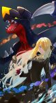  1girl black_coat black_pants blonde_hair closed_mouth coat commentary_request cynthia_(pokemon) eye_trail fur-trimmed_coat fur_collar fur_trim fusa_(hukelkel23) garchomp hair_ornament hair_over_one_eye highres holding holding_poke_ball light_trail long_hair long_sleeves pants poke_ball poke_ball_(basic) pokemon pokemon_(creature) pokemon_(game) pokemon_dppt rock smile v-neck very_long_hair 