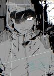  1boy aoi_(aoi68) closed_mouth commentary_request greyscale hood hood_up hooded_jacket itadori_yuji jacket jujutsu_kaisen jujutsu_kaisen_modulo looking_at_viewer male_focus monochrome scar scar_on_face scar_on_mouth solo straight-on twitter_username upper_body watermark 