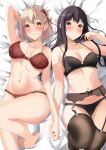  2girls absurdres alternate_color arm_behind_head arm_up bare_legs bed_sheet black_bra black_garter_belt black_panties black_thighhighs blue_eyes blush bob_cut bra breasts closed_mouth collarbone dot_nose from_above garter_belt hair_ribbon hand_up highres holding_hands inoue_takina lace-trimmed_bra lace-trimmed_panties lace_trim large_breasts lingerie lolipop_(nmaf4445) long_hair looking_at_viewer lycoris_recoil lying medium_breasts multiple_girls navel nishikigi_chisato on_back one_side_up orange_eyes panties parted_lips red_bra red_panties red_ribbon ribbon short_hair smile stomach thighhighs thighs underwear yuri 