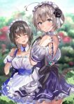  2girls ahoge aoi_erika aoi_erika_(deliverer_of_miracle) bare_shoulders black_flower black_hair black_rose commentary_request flower grey_hair heaven_burns_red highres holding holding_tray looking_at_viewer looking_back maid maid_headdress minase_sumomo multiple_girls no53_(pixiv_77486930) rose short_hair tray 