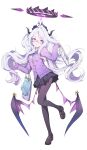  1girl blue_archive character_charm charm_(object) dress_shoes glasses halo highres hina_(blue_archive) long_hair long_sleeves pantyhose purple_halo simple_background skirt solo white_background youguo_naberu 