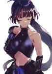  1girl armor bare_shoulders black_gloves black_hair blunt_bangs breasts closed_eyes closed_mouth commentary cowboy_shot facing_viewer floating_hair gloves heaven_burns_red highres long_hair medium_breasts natsume_inori natsume_inori_(fragrant_dreaming_bird) navel no53_(pixiv_77486930) official_alternate_costume ponytail shoulder_armor shoulder_pads simple_background single_shoulder_pad solo stomach untranslatable_commentary upper_body very_long_hair white_background 
