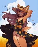  absurd_res anthro avian bird bottomwear breasts brown_hair cervid clothed clothing clothing_lift dress female genitals grass hair hi_res long_hair mammal merlinmakes neck_ribbon no_underwear plant pussy skirt skirt_lift smile solo sun_hat sundress upskirt wheat_field 