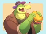  &lt;3 2022 alligator alligatorid anthro brok_(character) brok_the_investigator burger chiefkaine clothing countershading crocodilian eyes_closed food green_body hat headgear headwear hi_res humanoid_hands male reptile scalie shirt simple_background slightly_chubby solo topwear video_games 