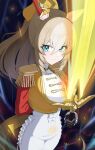  1girl animal_ears arm_behind_back asymmetrical_jacket black_gloves blonde_hair blue_eyes bodysuit breasts closed_mouth commentary_request durandal_(chevalier_fidele)_(umamusume) durandal_(umamusume) ear_covers epaulettes fourragere frilled_bodysuit frown gloves glowing glowing_sword glowing_weapon gold_embroidery hair_between_eyes highres hitempo holding holding_sword holding_weapon horse_ears horse_girl horse_tail large_breasts long_hair looking_at_viewer multicolored_hair single_ear_cover solo sword tail two-tone_hair umamusume weapon white_bodysuit white_hair 