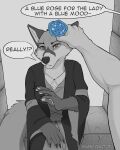  ambiguous_gender ambiguous_species anthro black_and_white blue_object canid canine claws clothing dialogue disembodied_hand duo energyvector female fluffy fluffy_tail fox jewelry mammal monochrome necklace raised_arm robe silva_vernalis sitting 