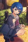  1girl bag black_shoes blue_eyes blue_hair blush bob_cut bush chestnut commentary_request grey_serafuku highres holding_acorn kiritani_haruka loafers long_sleeves looking_at_viewer miyamasuzaka_girls'_academy_school_uniform neckerchief open_mouth outdoors pink_neckerchief pleated_skirt project_sekai road sailor_collar school_bag school_uniform serafuku shoes short_hair skirt smile solo squatting tree uminokaisen white_sailor_collar 
