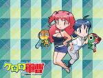  alien belt black_eyes black_hair breasts camisole cleavage copyright_name frog giroro glasses hat headphones hinata_fuyuki hinata_natsumi keroro keroro_gunsou kururu_(keroro_gunsou) large_breasts long_hair looking_at_viewer official_art official_wallpaper pants pink_hair red_eyes sandals shirt shoes simple_background skirt weapon yoshizaki_mine 