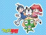  alien black_eyes black_hair blue_background blue_eyes copyright_name frog hat hinata_fuyuki hinata_natsumi hood hoodie keroro keroro_gunsou long_hair official_art official_wallpaper pants red_hair shoes short_hair simple_background skirt socks star_(symbol) sweater tadpole tamama twintails yoshizaki_mine 