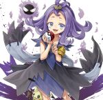  1girl :d acerola_(pokemon) armlet collarbone commentary_request drawn_eyes dress flipped_hair gastly grey_eyes holding holding_poke_ball jewelry long_hair mimikyu open_mouth oriya_yu poke_ball pokemon pokemon_(creature) purple_hair simple_background smile topknot white_background z-ring 