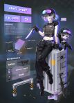  1girl baseball_cap black_hat blowing_bubble_gum boots bulletproof_vest chewing_gum eyewear_on_head grey_eyes grey_hair hat headset highres holster honkai:_star_rail honkai_(series) knee_pads medium_hair navel purple-tinted_eyewear silver_wolf_(honkai:_star_rail) single_knee_pad thigh_holster tinted_eyewear toria_(toriaa_27) 