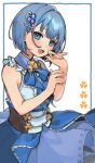  1boy 1girl :d absurdres blue_bow blue_bowtie blue_eyes blue_gem blue_hair blue_skirt blush bow bowtie clover_brooch commentary_request cowboy_shot fingernails gem hair_ornament highres idol_clothes kiritani_haruka looking_at_viewer open_mouth orange_gem project_sekai shirt short_hair skirt sleeveless sleeveless_shirt smile solo uminokaisen white_background white_shirt 