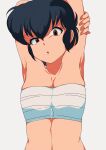  1girl armpits arms_up bandaged_chest blue_hair breasts brown_eyes cleavage collarbone commentary_request fujinami_ryuunosuke hand_on_own_arm highres looking_at_viewer midriff nka_46 open_mouth short_hair upper_body urusei_yatsura v-shaped_eyebrows 